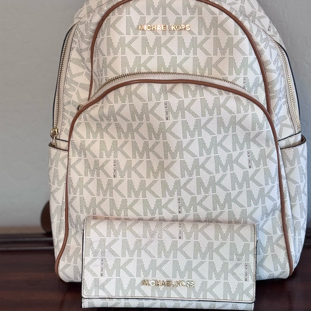 Michael Kors Cream Monogram Backpack and Wallet